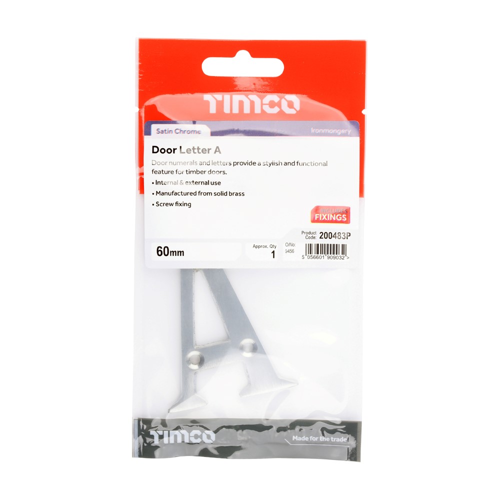 TIMCO Door Letter A Satin Chrome 60mm