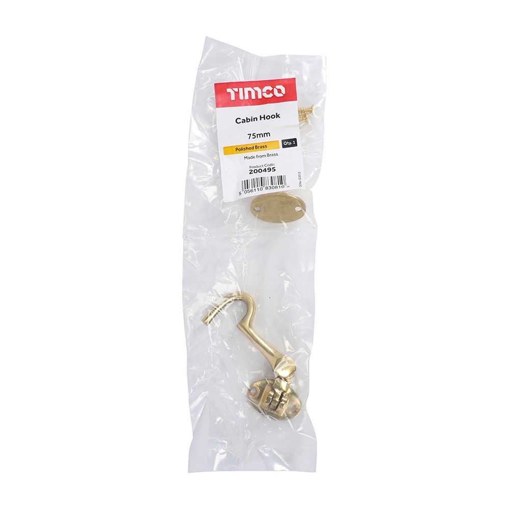 TIMCO Cabin Hook - Polished Brass 75mm