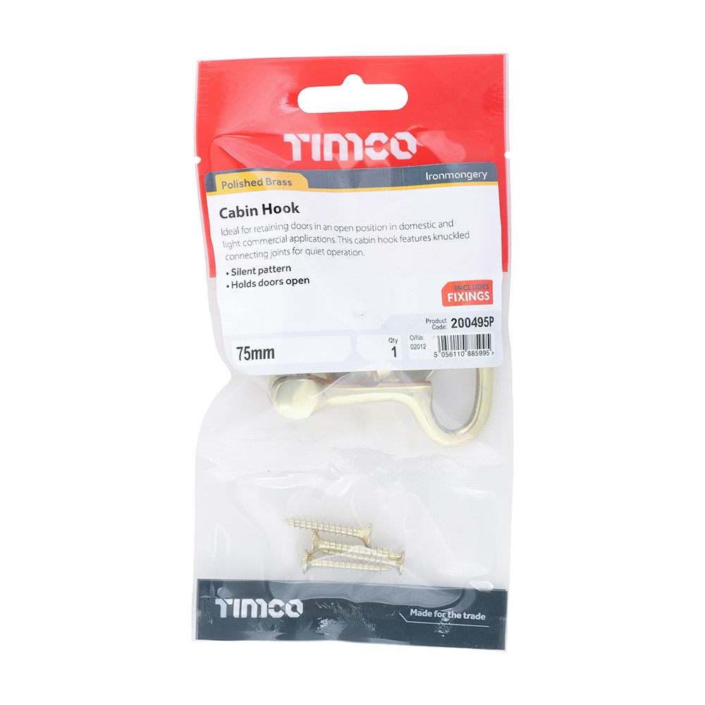 TIMCO Cabin Hook - Polished Brass 75mm