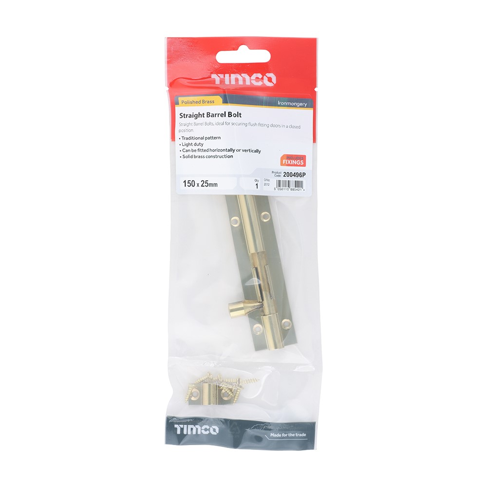TIMCO Straight Barrel Bolt - Polished Brass 150 x 25mm
