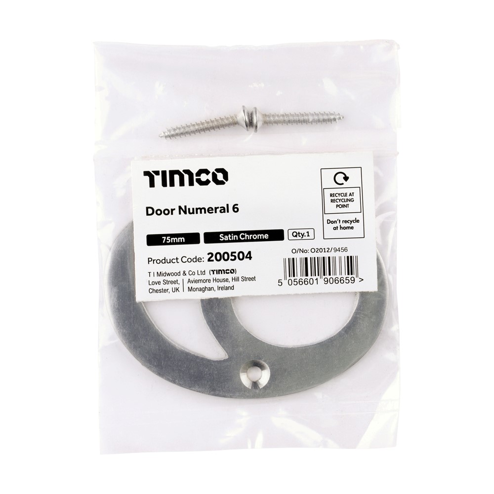 TIMCO Door Numeral 6 Satin Chrome 75mm
