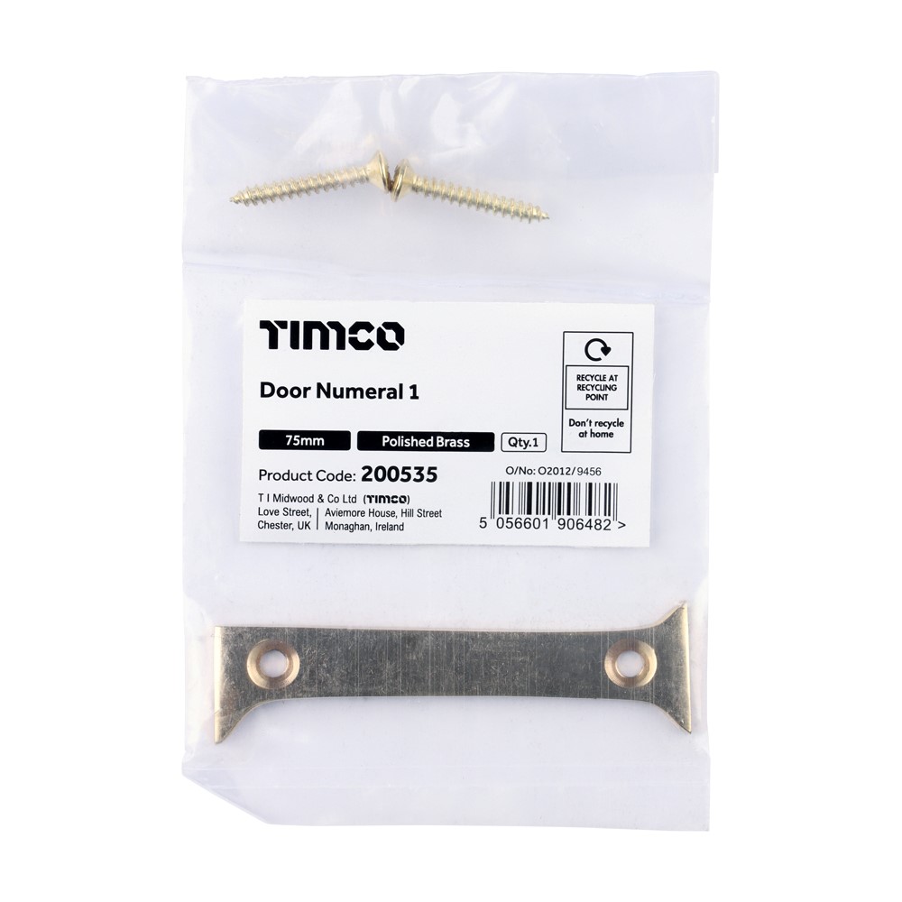 TIMCO Door Numeral 1 Polished Brass 75mm