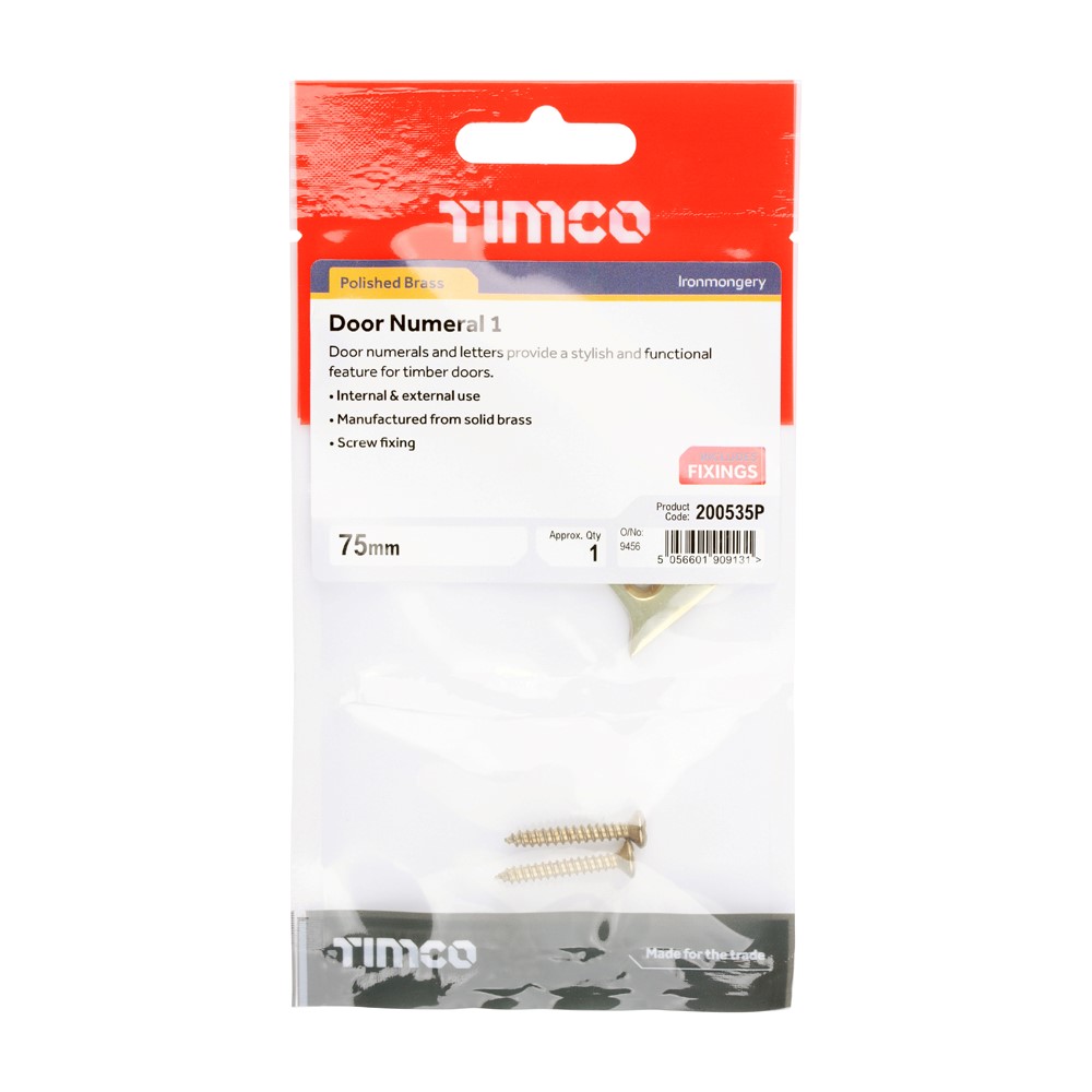 TIMCO Door Numeral 1 Polished Brass 75mm