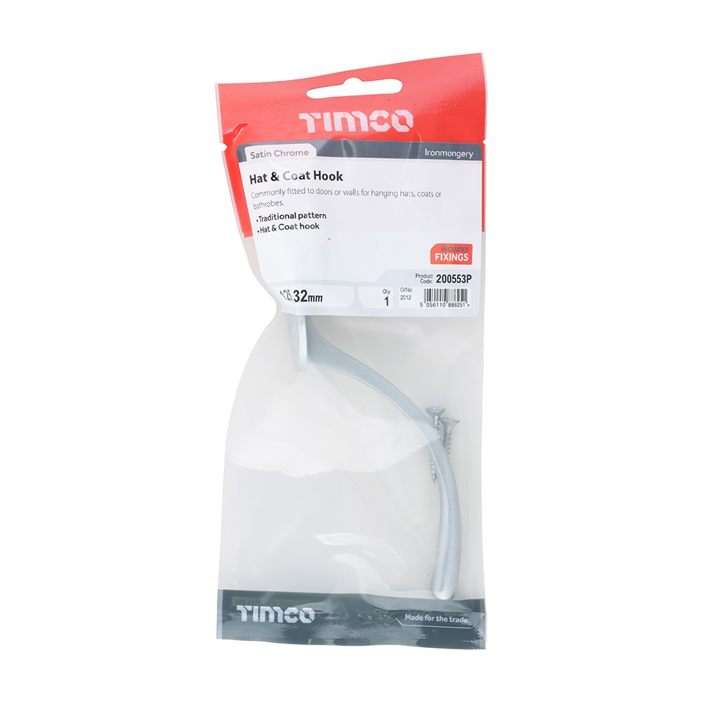 TIMCO Hat & Coat Hook - Satin Chrome 125 x 32mm