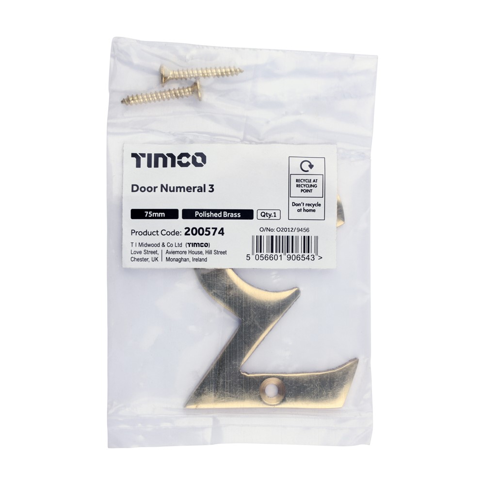 TIMCO Door Numeral 3 Polished Brass 75mm