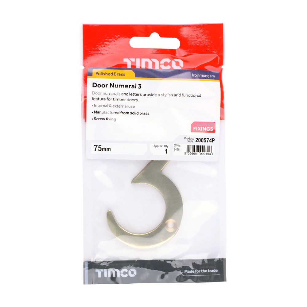 TIMCO Door Numeral 3 Polished Brass 75mm