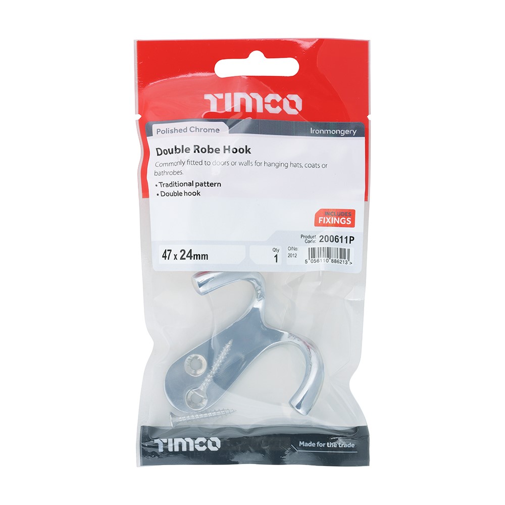 TIMCO Double Robe Hook - Polished Chrome 47 x 24mm