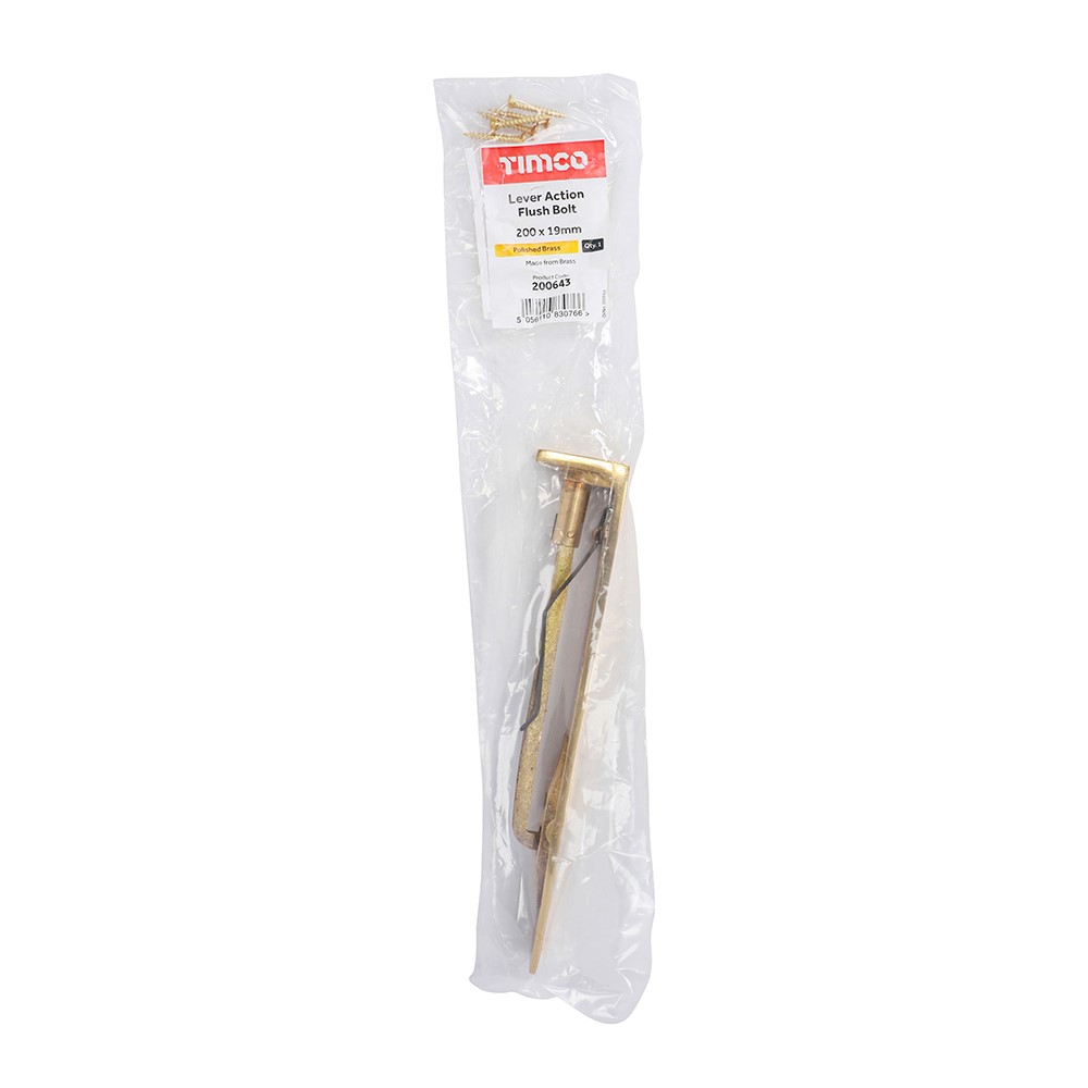 TIMCO Lever Action Flush Bolt - Polished Brass 200 x 19mm