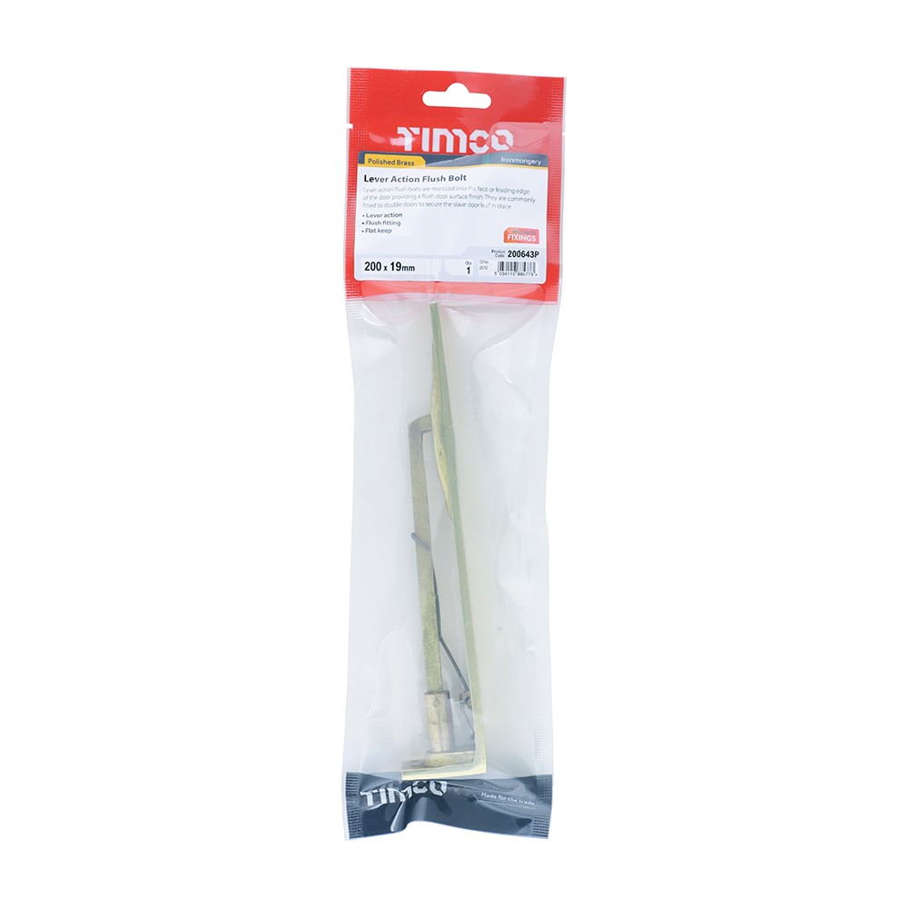 TIMCO Lever Action Flush Bolt - Polished Brass 200 x 19mm