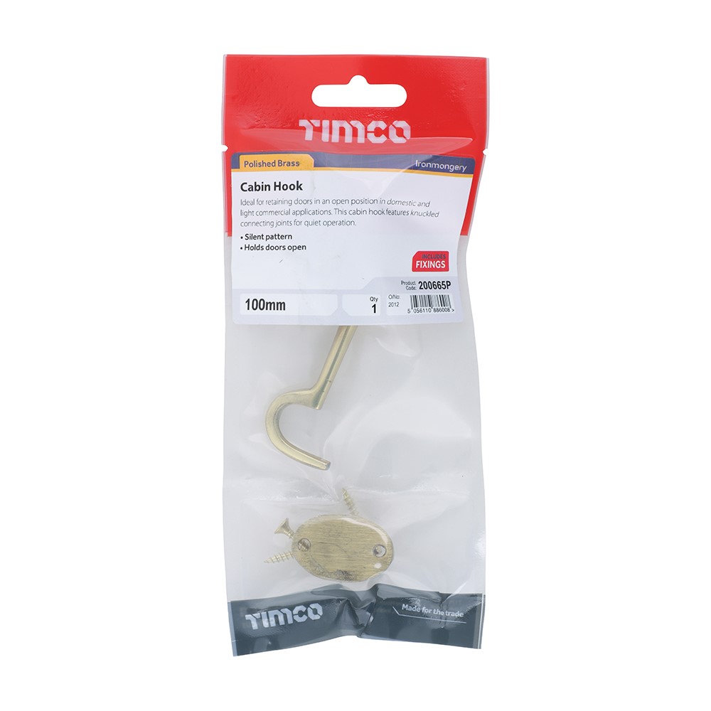 TIMCO Cabin Hook - Polished Brass 100mm