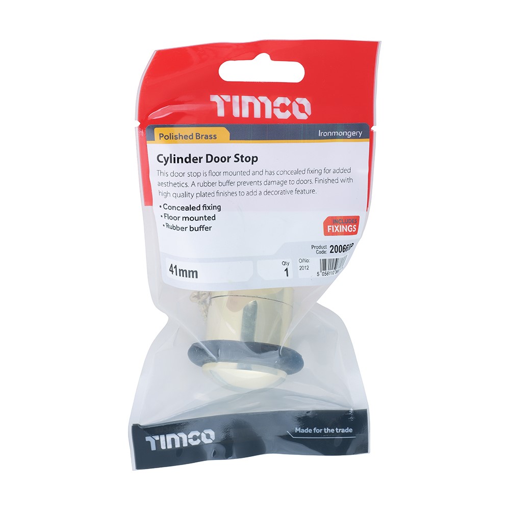 TIMCO Cylinder Door Stop - Polished Brass 41mm