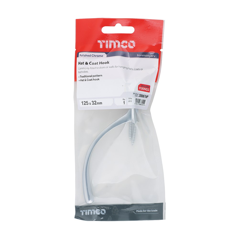TIMCO Hat & Coat Hook - Polished Chrome 125 x 32mm