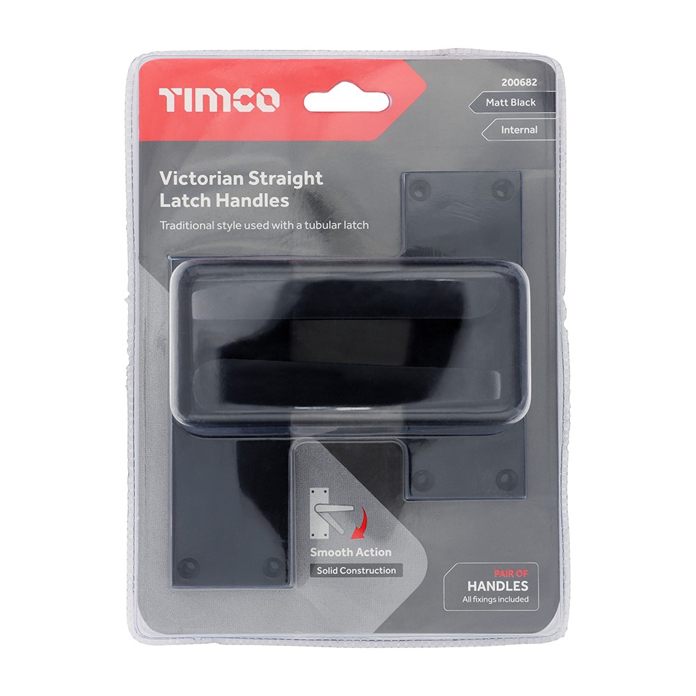 TIMCO Victorian Straight Latch Handles - Matt Black 114 x 42mm (2 Pack)