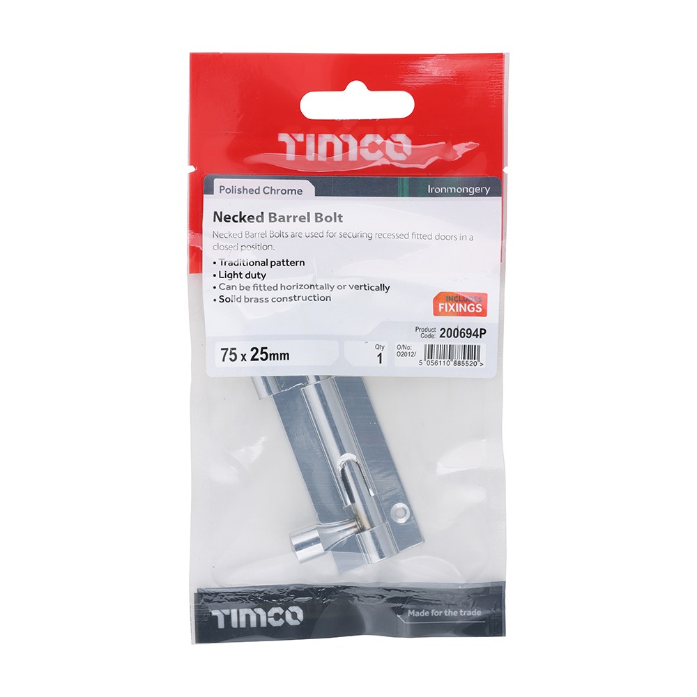 TIMCO Necked Barrel Bolt - Polished Chrome 75 x 25mm