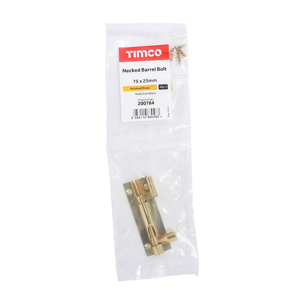 TIMCO Necked Barrel Bolt - Polished Brass 75 x 25mm