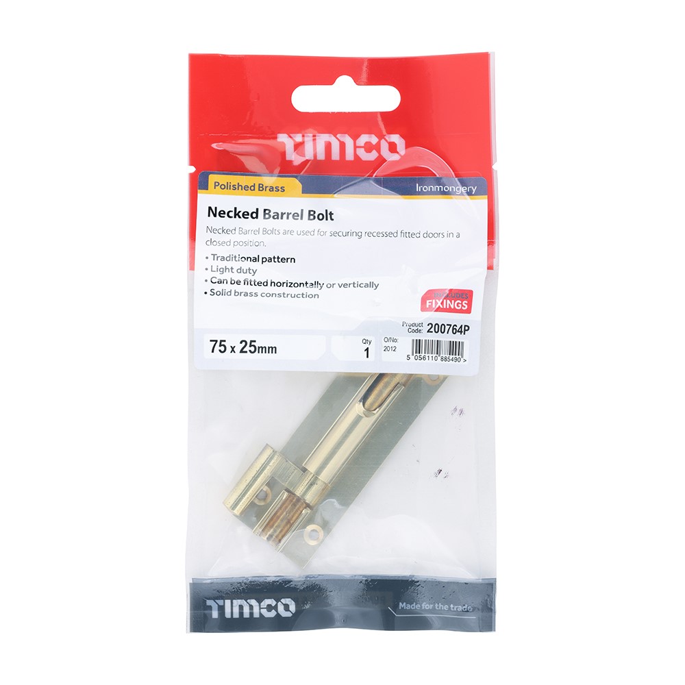 TIMCO Necked Barrel Bolt - Polished Brass 75 x 25mm