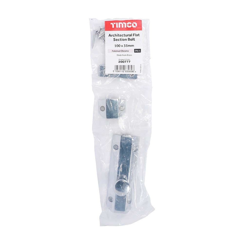 TIMCO Architectural Flat Section Bolt - Polished Chrome 100 x 35mm