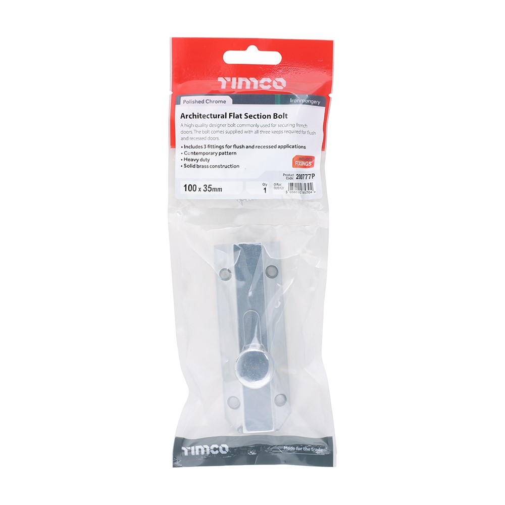 TIMCO Architectural Flat Section Bolt - Polished Chrome 100 x 35mm