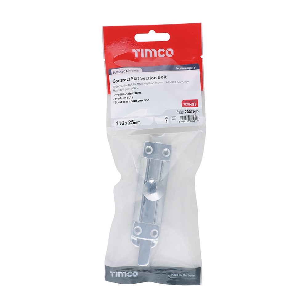 TIMCO Contract Flat Section Bolt - Polished Chrome 110 x 25mm