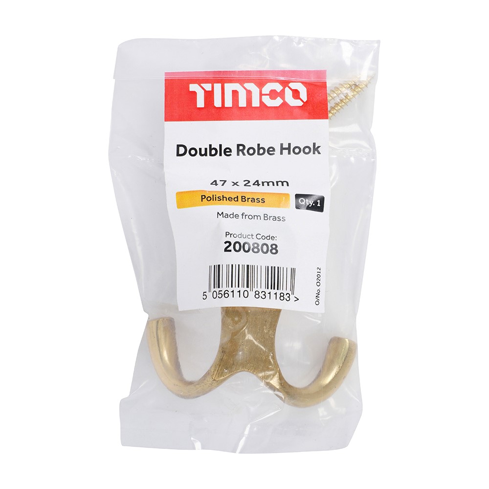 TIMCO Double Robe Hook - Polished Brass 47 x 24mm