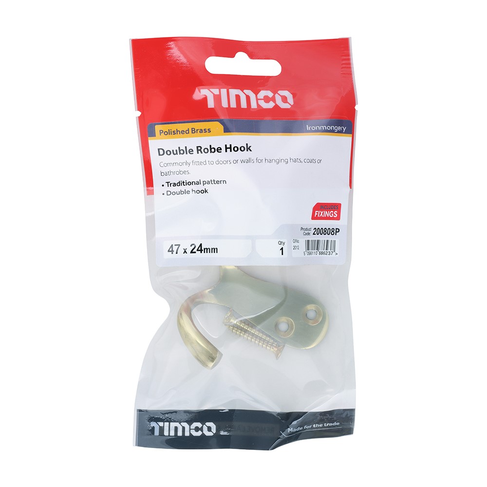 TIMCO Double Robe Hook - Polished Brass 47 x 24mm