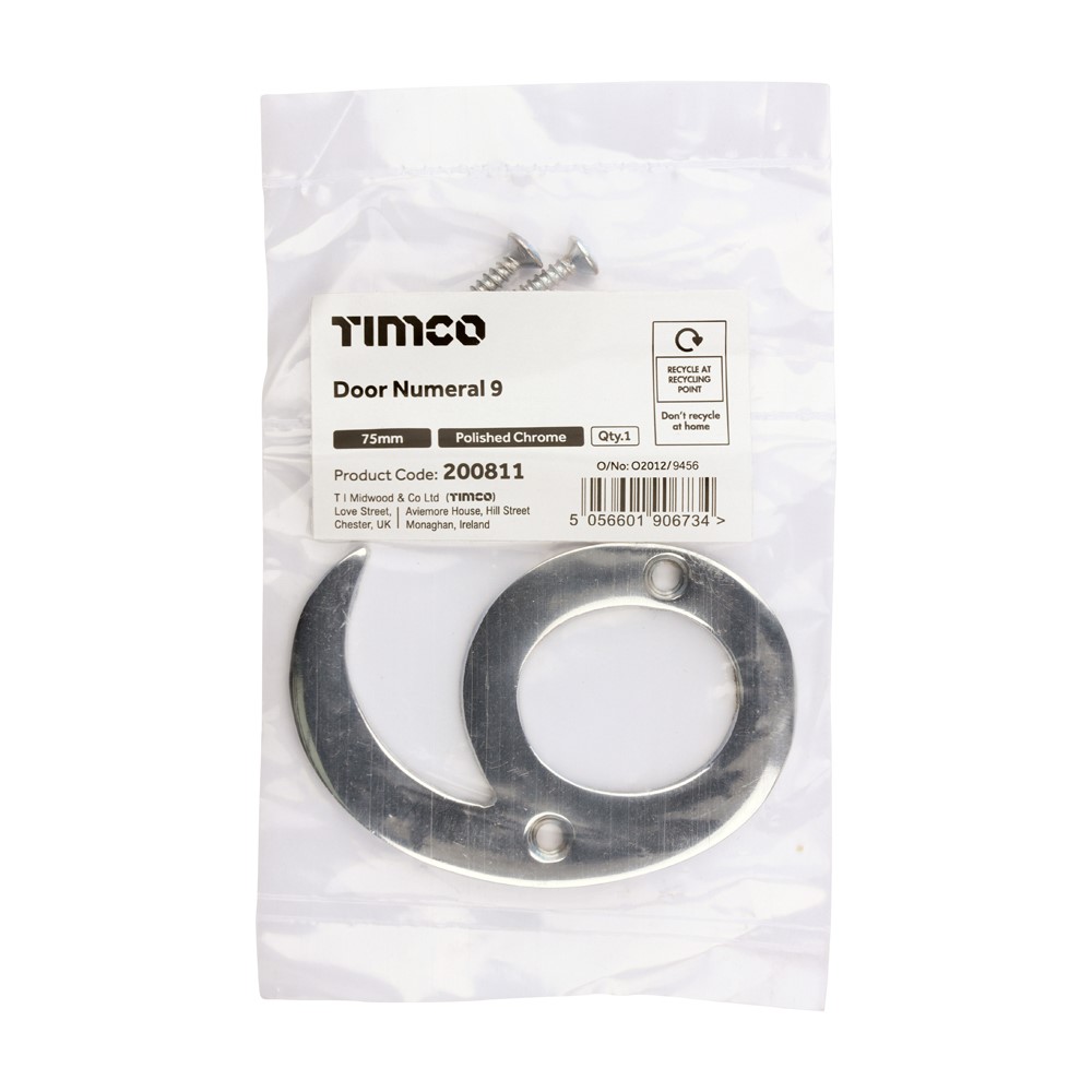 TIMCO Door Numeral 9 Polished Chrome 75mm
