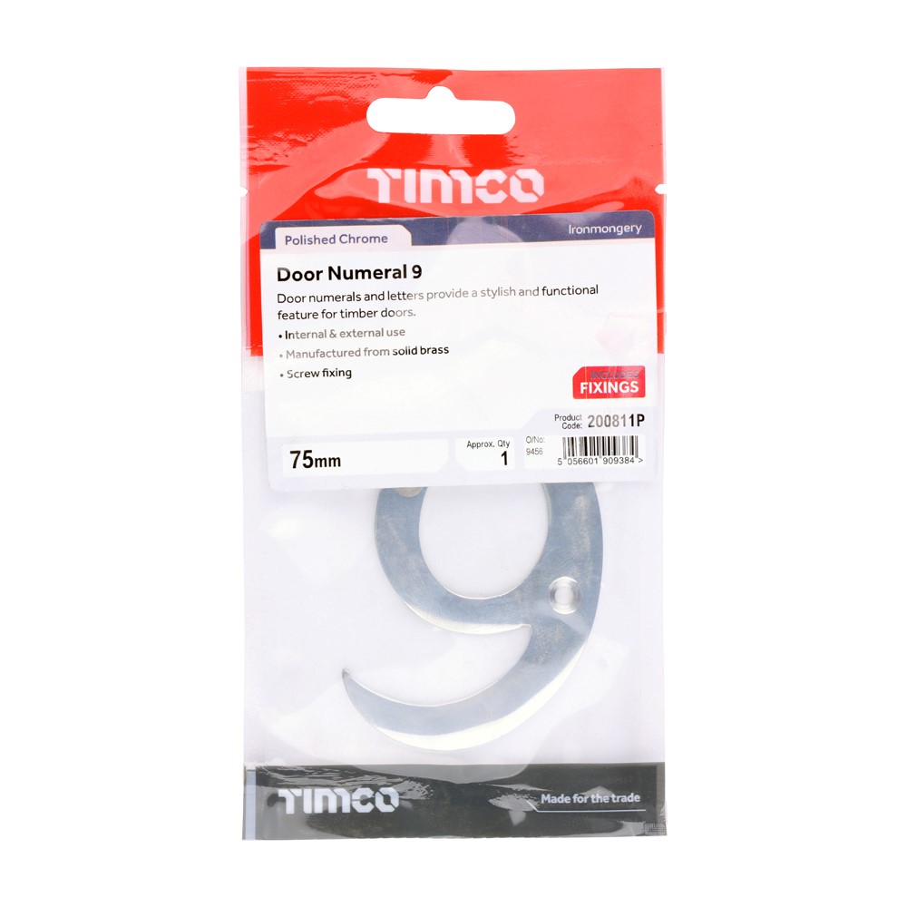 TIMCO Door Numeral 9 Polished Chrome 75mm