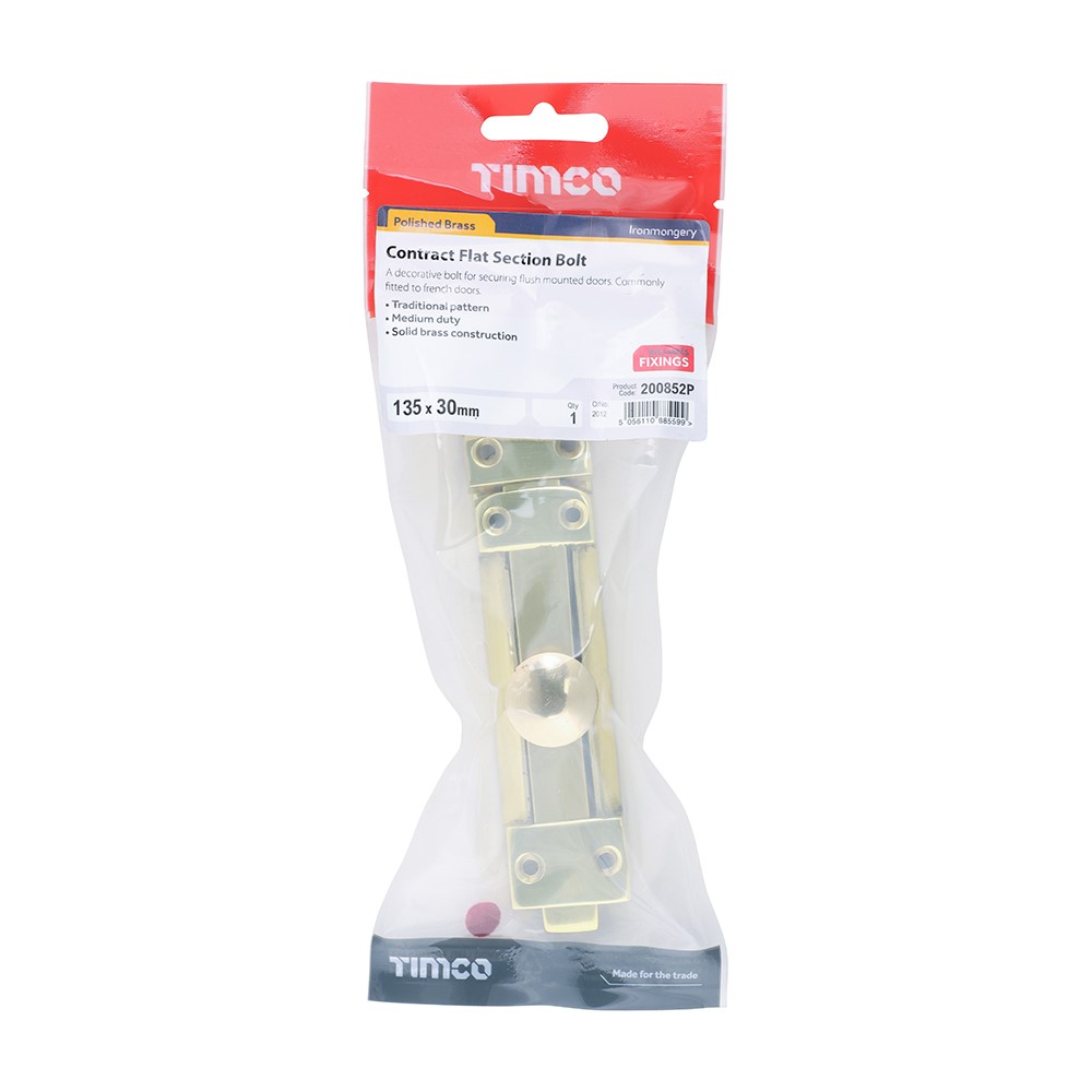 TIMCO Contract Flat Section Bolt - Polished Brass 135 x 30mm