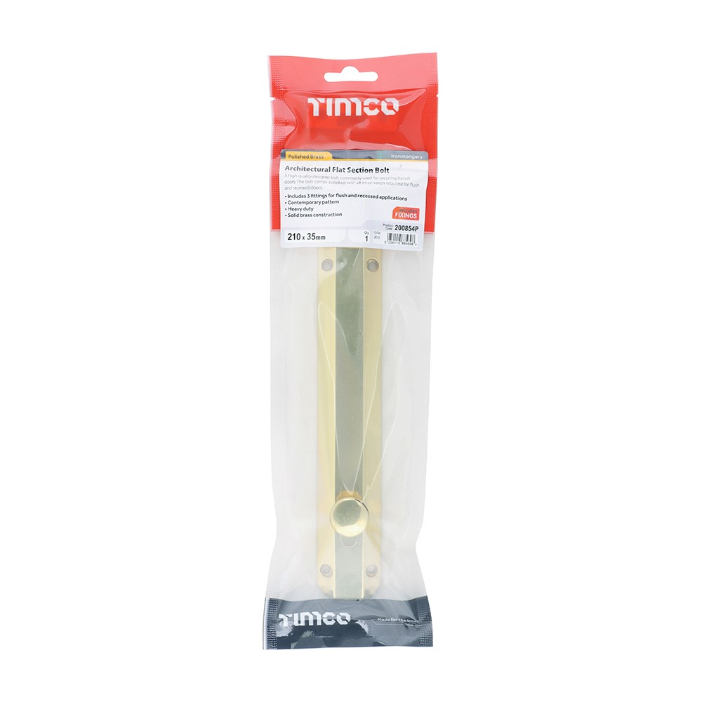 TIMCO Architectural Flat Section Bolt - Polished Brass 210 x 35mm