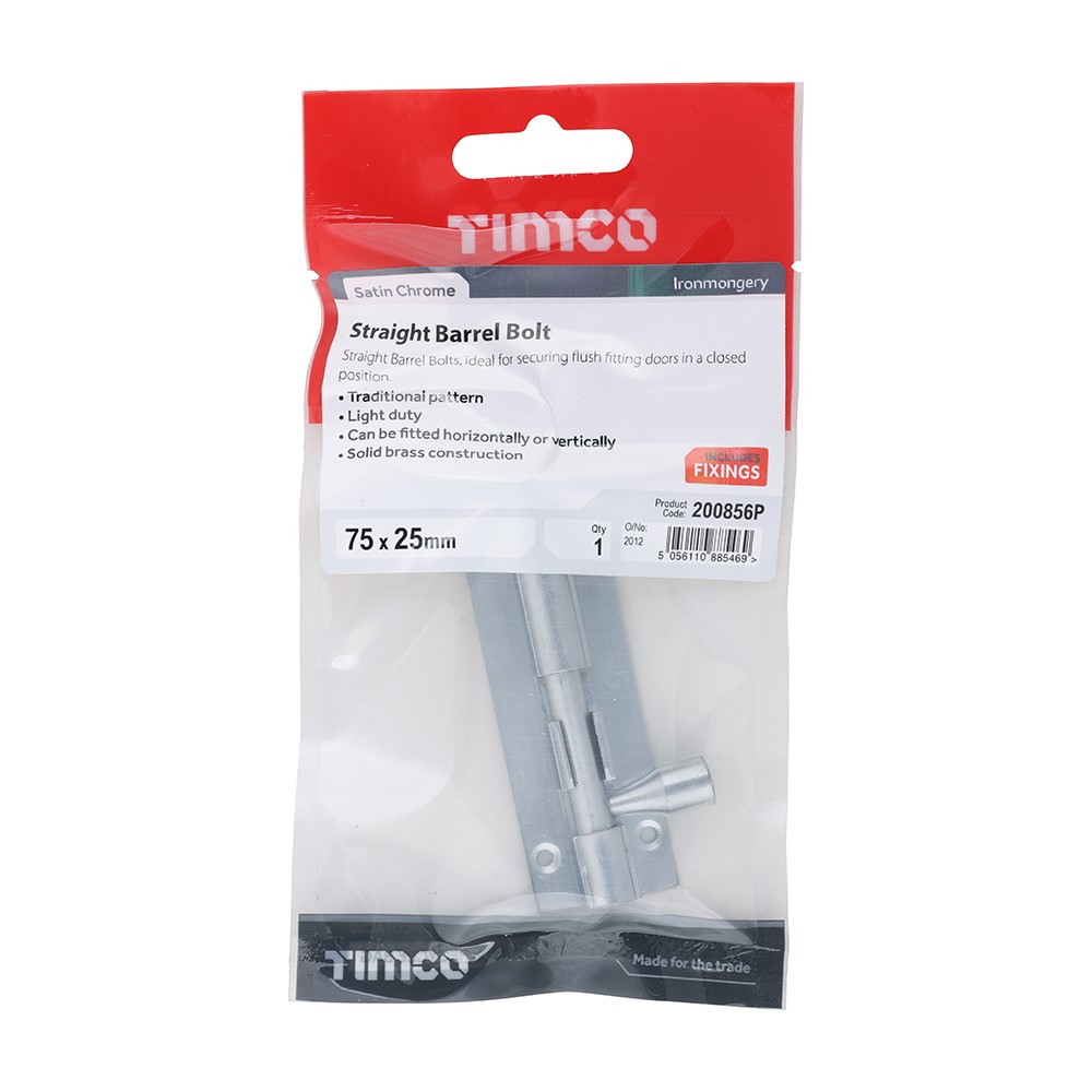 TIMCO Straight Barrel Bolt - Satin Chrome 75 x 25mm