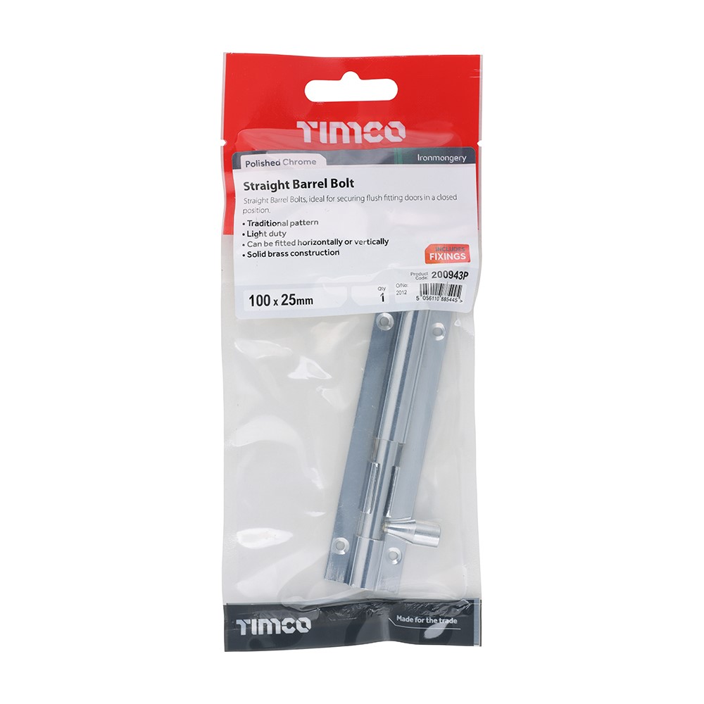 TIMCO Straight Barrel Bolt - Polished Chrome 100 x 25mm