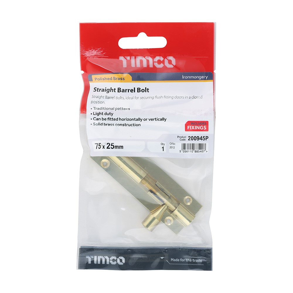 TIMCO Straight Barrel Bolt - Polished Brass 75 x 25mm