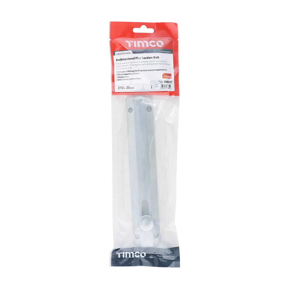 TIMCO Architectural Flat Section Bolt - Satin Chrome 210 x 35mm