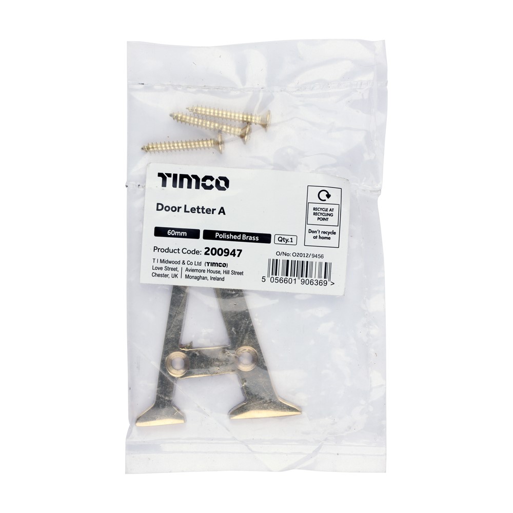 TIMCO Door Letter A Polished Brass 60mm