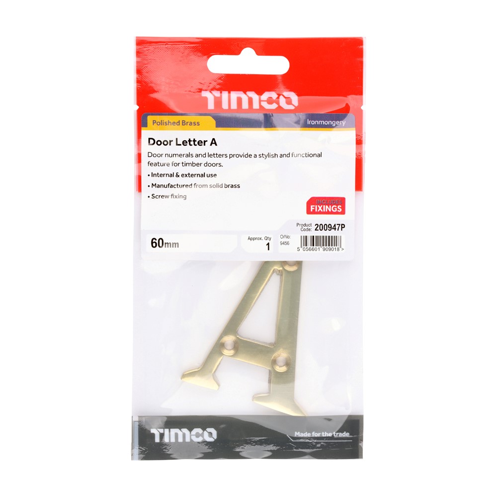 TIMCO Door Letter A Polished Brass 60mm