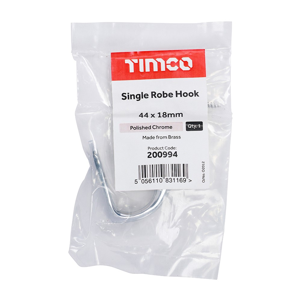 TIMCO Single Robe Hook - Polished Chrome 44 x 18mm