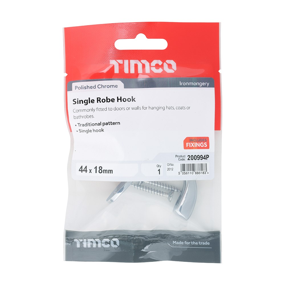 TIMCO Single Robe Hook - Polished Chrome 44 x 18mm