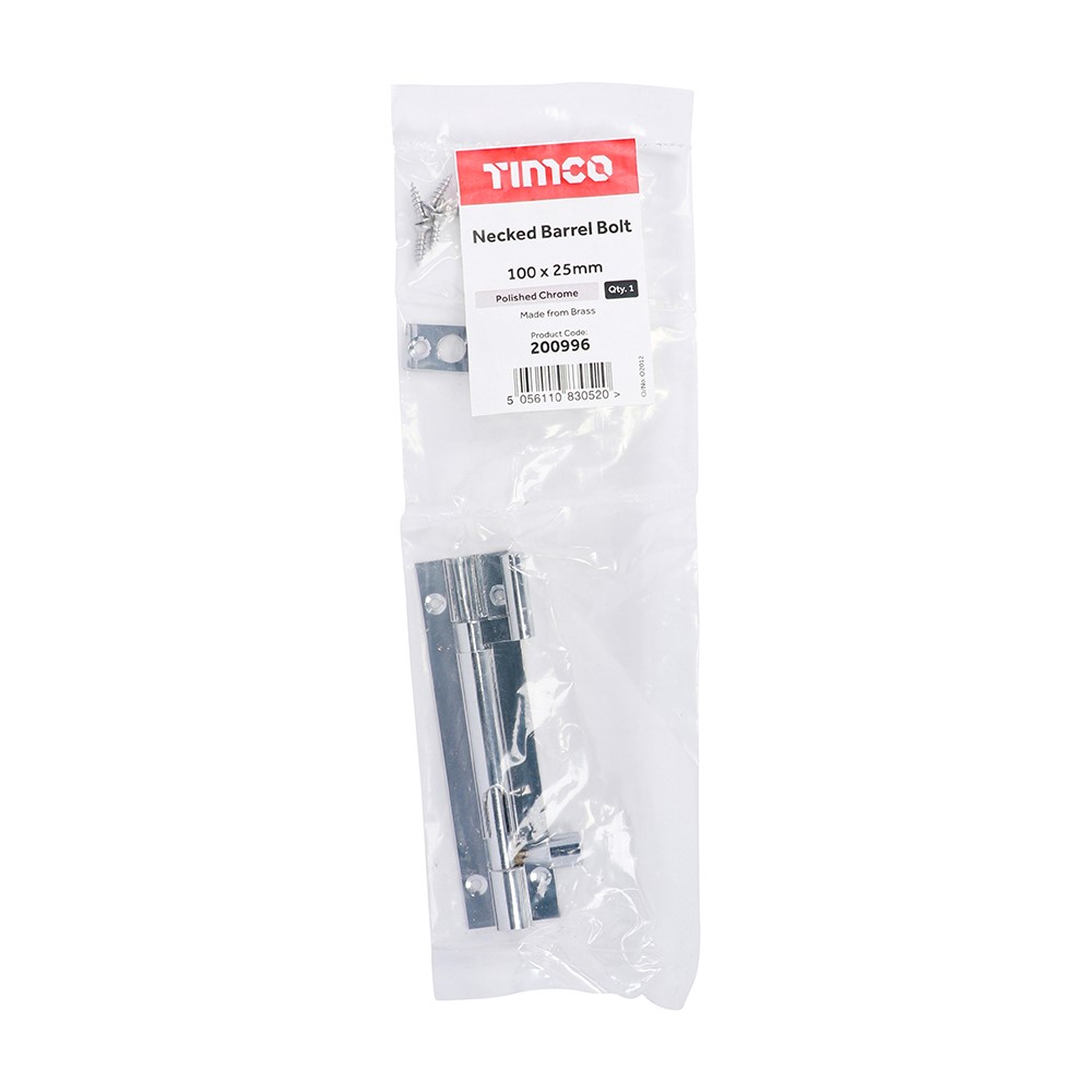 TIMCO Necked Barrel Bolt - Polished Chrome 100 x 25mm