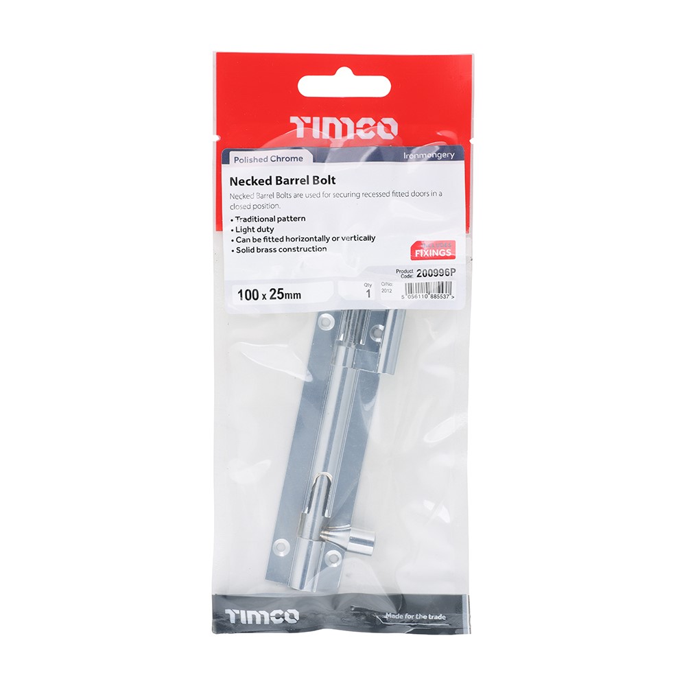 TIMCO Necked Barrel Bolt - Polished Chrome 100 x 25mm