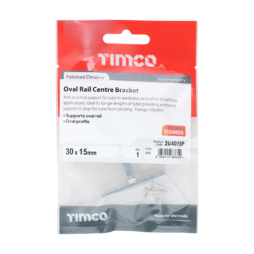 TIMCO Centre Bracket - For Oval Tube - Polished Chrome 30 x 15mm