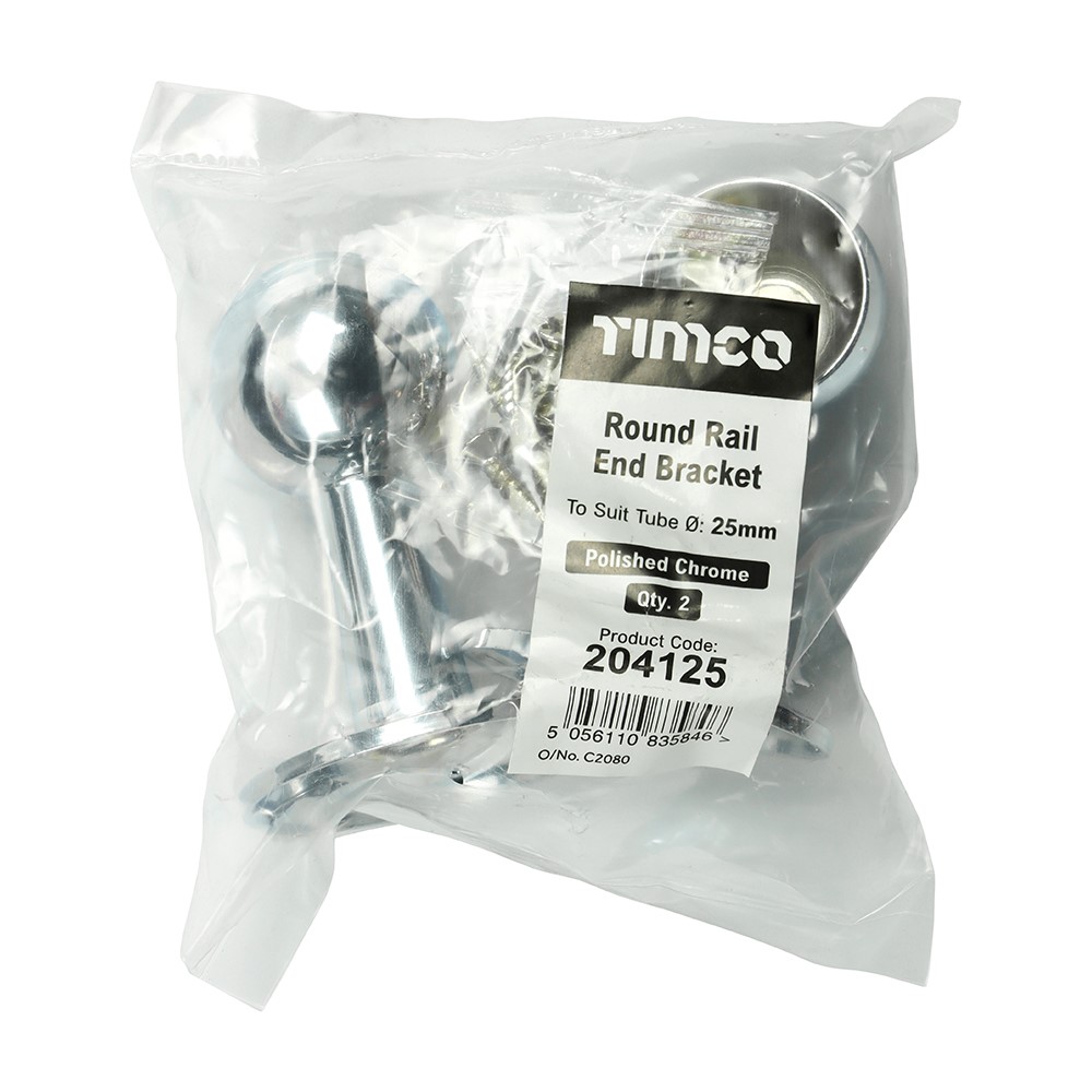 TIMCO End Bracket - For Round Tube - Polished Chrome 25mm (2 Bag)