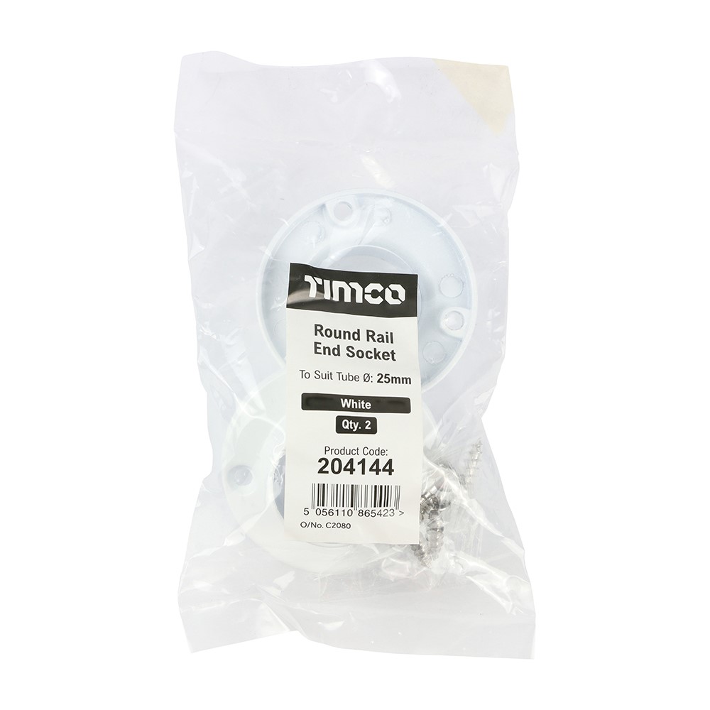 TIMCO End Socket - For Round Tube - White 25mm (2 Bag)