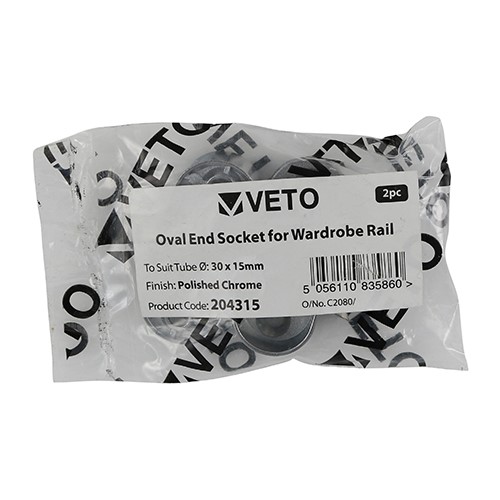 TIMCO End Socket - For Oval Tube - Polished Chrome 30 x 15mm (2)