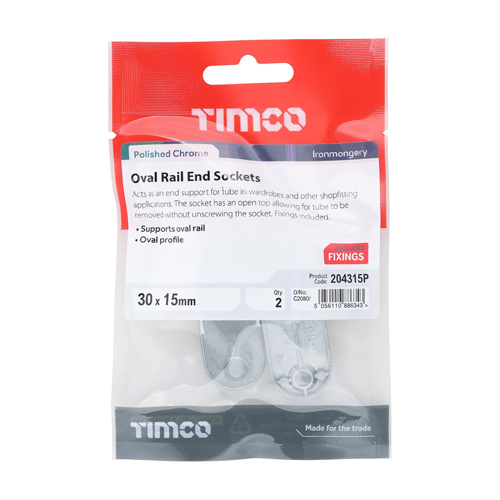 TIMCO End Sockets - For Oval Tube - Polished Chrome 30 x 15mm (2)