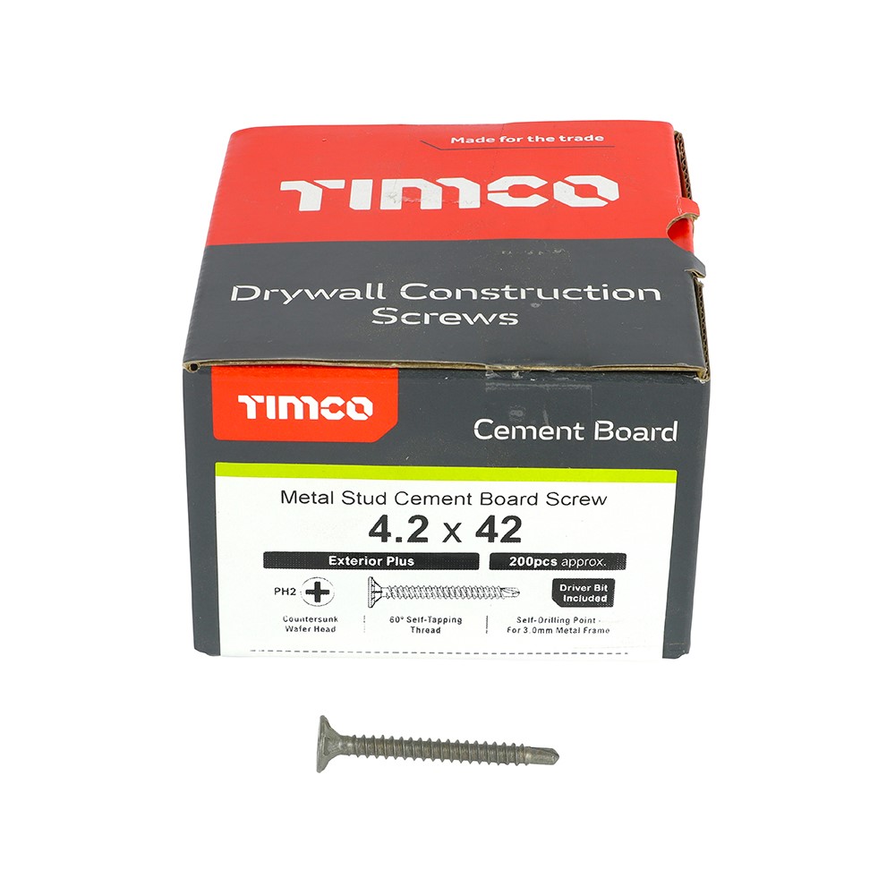 TIMCO Drywall Construction Timber Stud Cement Board Screws - PH - Countersunk Wafer - Self-Drilling - Exterior - Silver Organic 4.2 x 42mm (200 Pack)