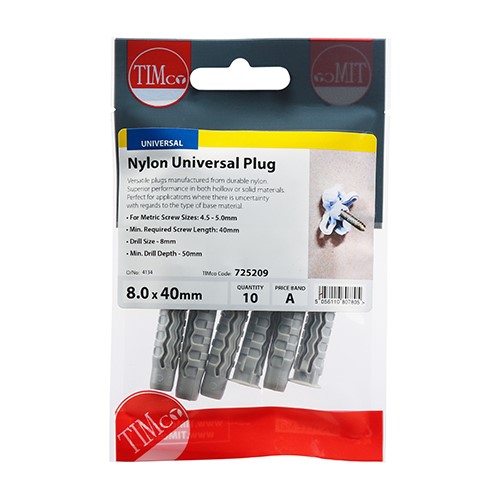 TIMCO Nylon Universal Plugs 8.0 x 40mm (100)