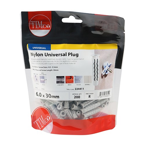 TIMCO Nylon Universal Plugs 6.0 x 30mm (200)