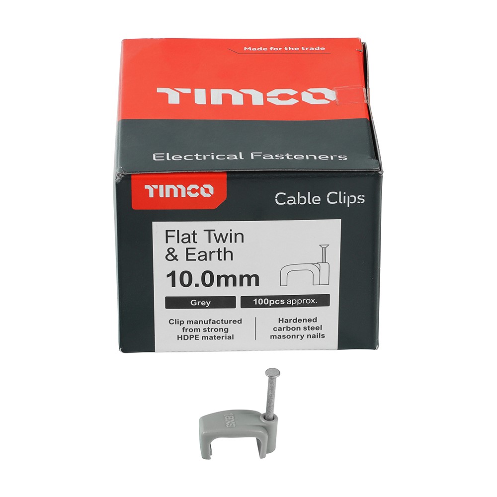 TIMCO Flat Twin & Earth Cable Clips - Grey to Fit 10.0mm (100 Pack)