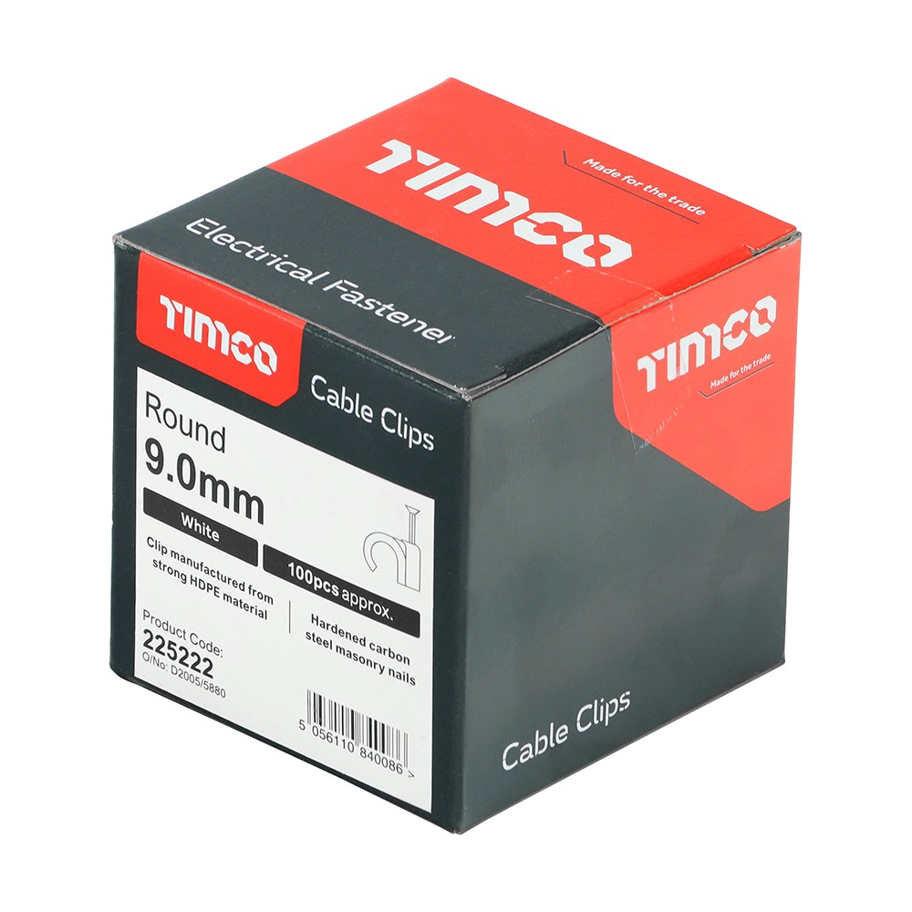 TIMCO Round Cable Clips - White to Fit 9.0mm (100 Pack)