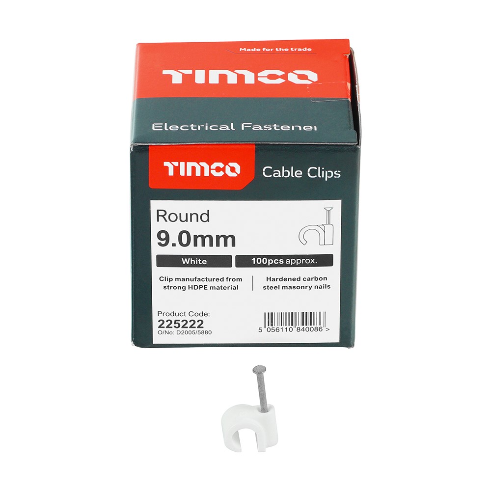 TIMCO Round Cable Clips - White to Fit 9.0mm (100 Pack)